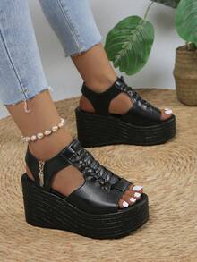 Wide Fit Peep Toe Wedge Heel Women's Sandals, Open Toe High Heel Shoes, Thick Sole Side Zipper Hollow Fashion Versatile Ladies Sandals - Black - View 2