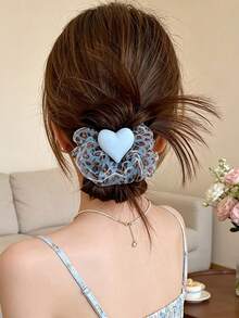 1pc/2Pcs Y2K Style Leopard Print Mesh Scrunchie With Heart Shaped Decor, Sweet Girls' Elastic Hair Tie For Daily Ponytail/Bun Hairstyle - Multicolor - View 7