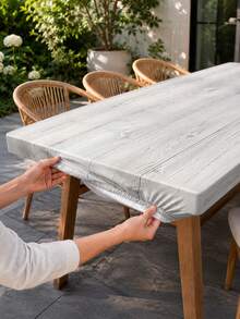 1pc-Whitewashed Wood Grain Round Elastic Fitted Table Cover, Rustic Farmhouse Stretch Polyester Tablecloth With Elastic Edge, Washable Snug Fit Table Cover For Patio Garden Table, Poolside, Picnic, Outdoor Dining - Multicolor - View 9