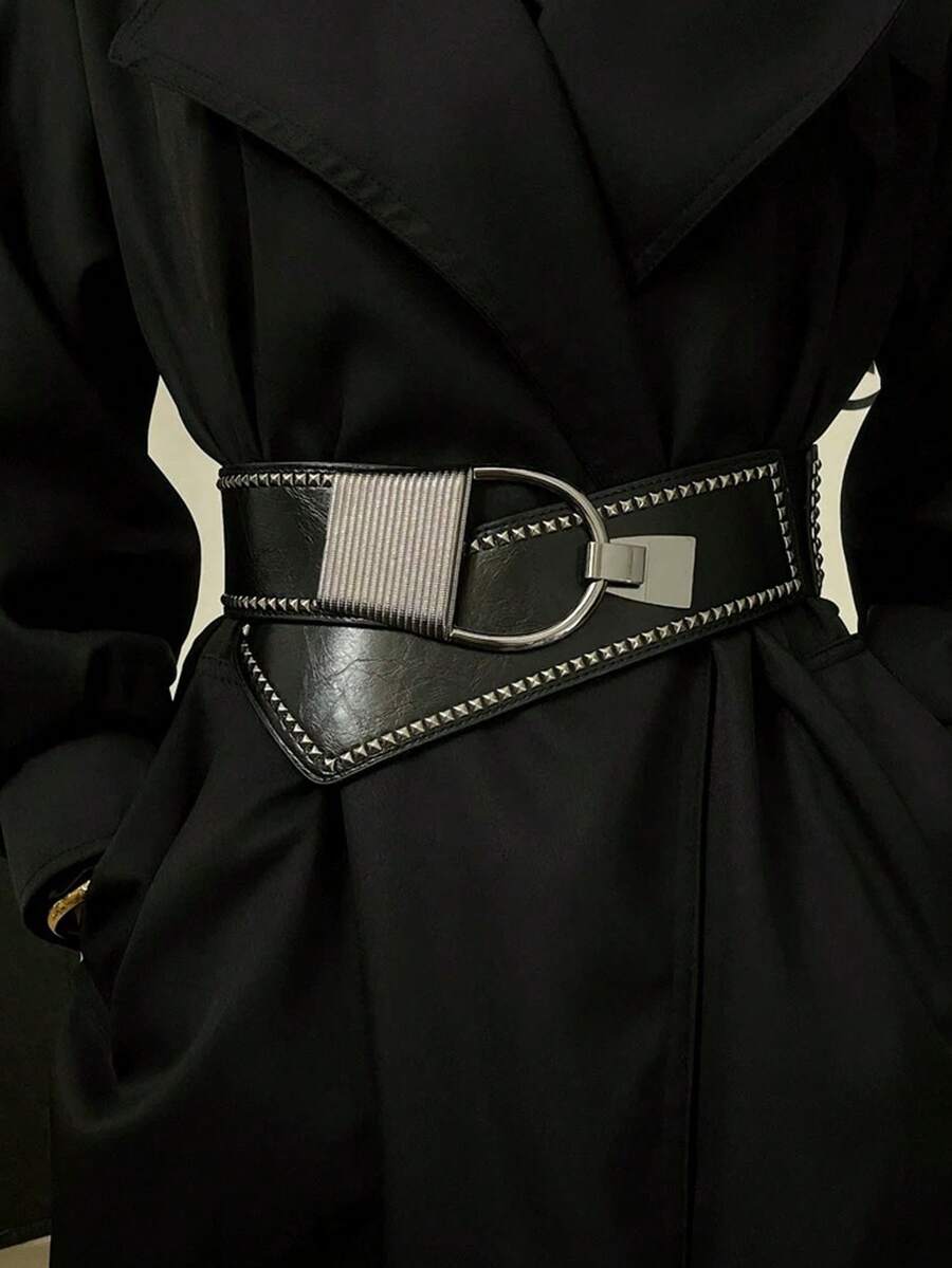1 pieza Cinturón ancho elástico vintage para mujer con remaches, estilo punk - Negro - Ver 1