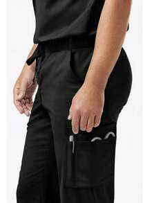 Pantalones de hombre unicolor con cordón y cintura elástica mate, pantalones mate con múltiples bolsillos elásticos - Negro - Ver 4