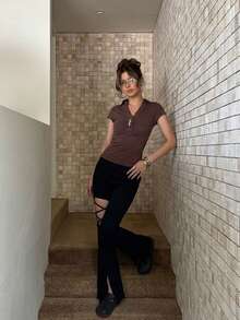 Damen Sommer Hohe Taille Schlaghose mit Cut-Out-Bein, Schnürdesign, Reißverschluss-Schlitz, Nischenstil lange Hose - Schwarz - View 3
