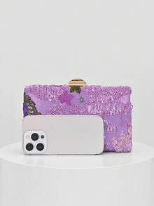 Elegant Shiny Multicolor Leaf & Floral Patchwork Crossbody Bag, Vintage Chain Strap Evening Bag, Mini Square Box Handbag, Suitable For Party Girls, Brides, College Students, Young Professionals, Versatile For Parties, Graduation Ceremonies, Weddings, Perfect Match For Party Accessories, Random Pattern Sent - Violet Purple - View 3