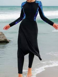 WaveBikini 色塊印花布基尼 3 件套，快乾前開襟拉鍊長袖裙式保守泳衣，適合女性海灘衝浪 - 彩色 - 查看 4