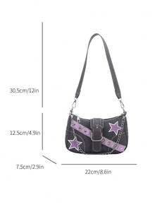 Y2K Fashionable Multi-Function Star & Moon Decor Unique Pink Chain Shoulder Bag,Women Baguette Bag, Niche Fashion Design, Steampunk, Goth, Lady's Bag - Purple - View 7