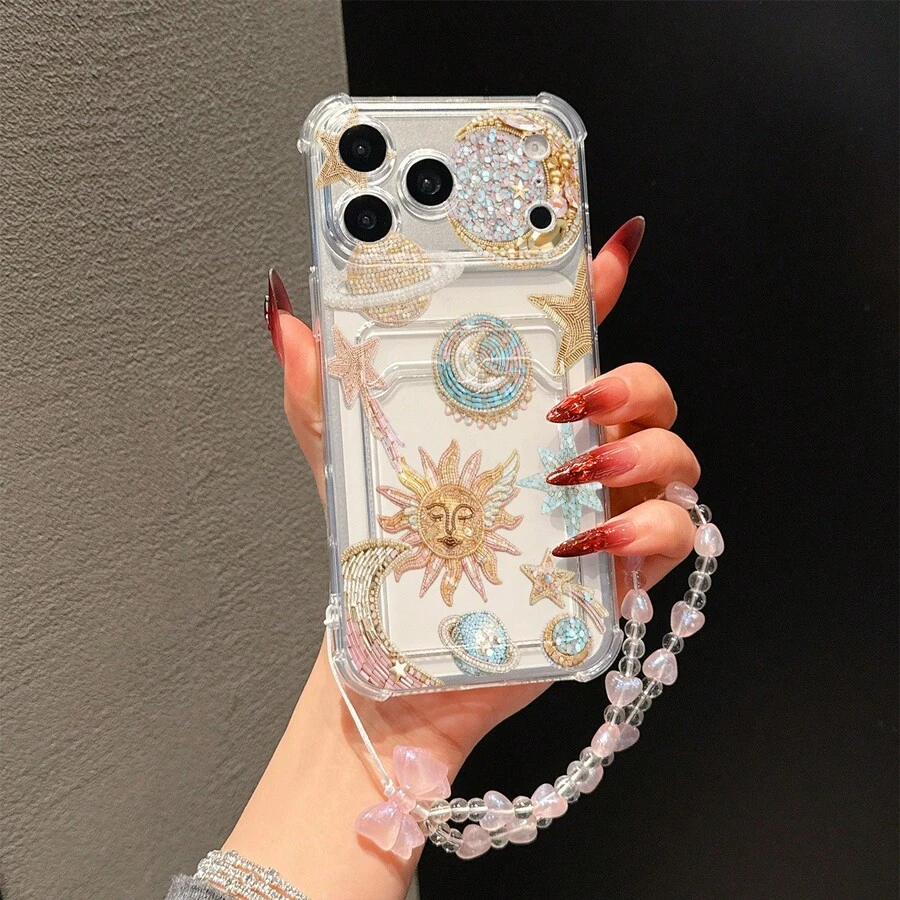New 2pcs Set: Sun & Planet Pattern Card Holder Transparent Shockproof Phone Case + Mermaid Bracelet Minimalist Protective Anti-Shock Durable Full Coverage Compatible With Apple Phone Case - Clear - View 1