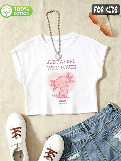 Summer-Style, Short-Sleeved, Rolled-Up-Sleeve T-Shirt For Girls, Made From 100% Cotton, Featuring A Cute Newt Print And A Loose, Comfortable Fit