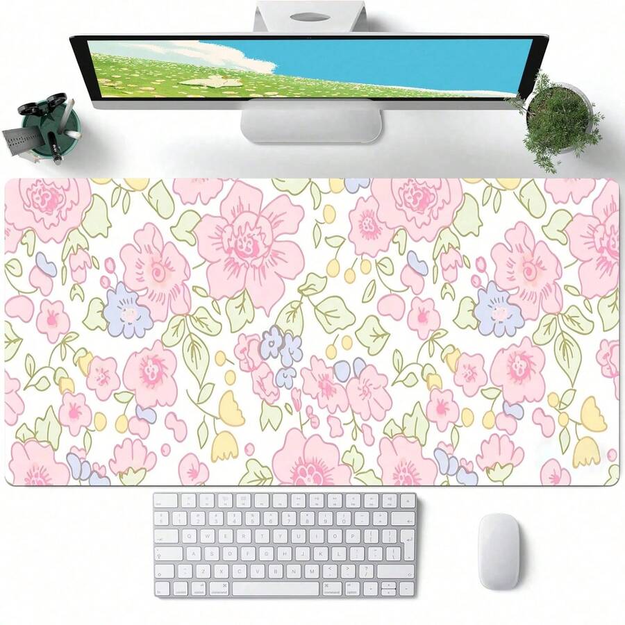 This Adorable Pink Floral Gaming Mousepad Is An Extra-Large XL Desktop Mat, Perfect For Home And Office Decor. A Beautiful Desktop Ornament, It Comes In Multiple Sizes And Is Exquisitely Crafted. - Mouse Pad - View 1