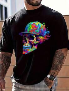1 Piece Men's Halloween Clothing, Black T-Shirt With Colorful Skull Print, Unisex Casual Crew Neck T-Shirt, Men's Plus Size 5XL Clothing, Lightweight Knit Fabric - 黑色 - 查看 1