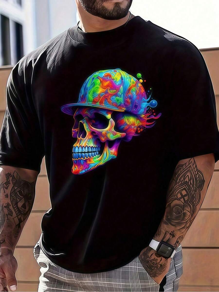 1 Piece Men's Halloween Clothing, Black T-Shirt With Colorful Skull Print, Unisex Casual Crew Neck T-Shirt, Men's Plus Size 5XL Clothing, Lightweight Knit Fabric - 黑色 - 查看 1