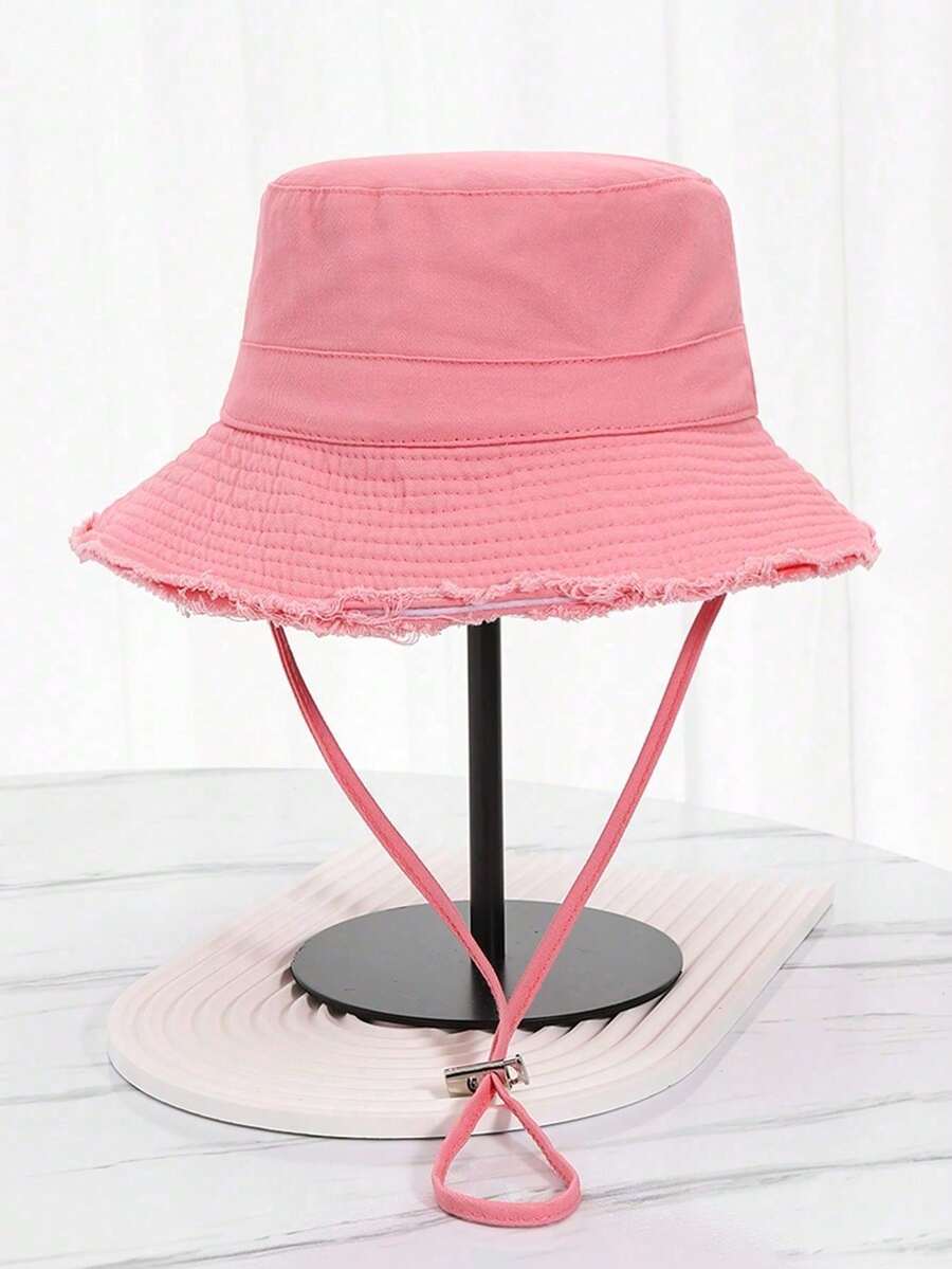 Sombrero de cubo con borde deshilachado estilo coreano, adecuado para protección solar al aire libre en verano - Rosa 1 - Ver 1