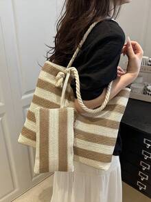 2026 Summer Lazy Letter Two Pieces Set Straw Rope Knot Design Beach Tote Handbag For Women, Versatile Large Capacity Storage Essential For Travel - Brown - View 8