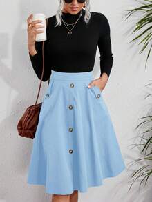 Falda evasé de un solo abotonado de un solo color, falda holgada de cintura alta hasta la rodilla con botones y bolsillos para señoras, elegante, de uso casual diario, para primavera/otoño, - Celeste - Ver 1