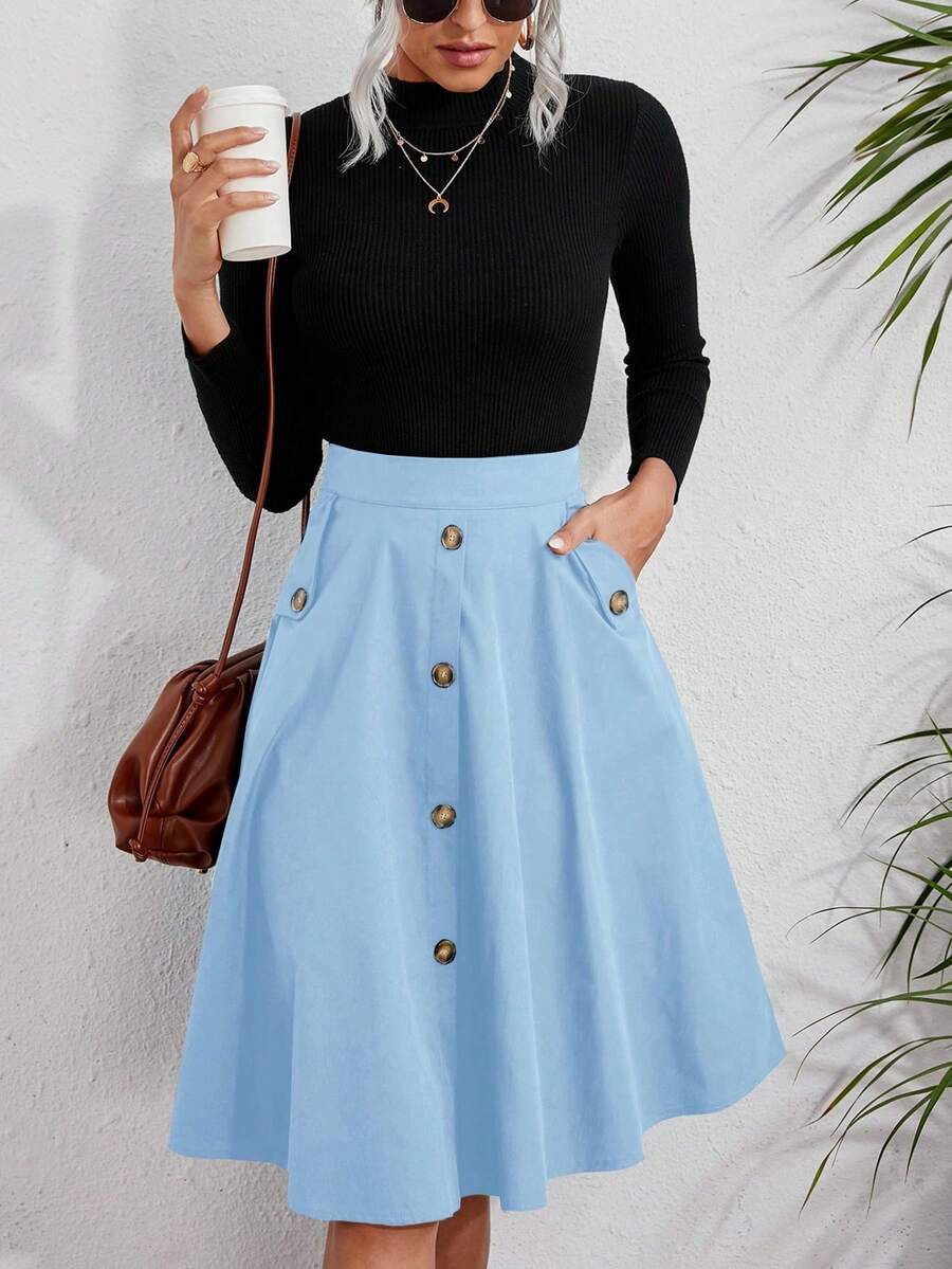 Falda evasé de un solo abotonado de un solo color, falda holgada de cintura alta hasta la rodilla con botones y bolsillos para señoras, elegante, de uso casual diario, para primavera/otoño, - Celeste - Ver 1