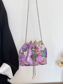 Dedoo 女款花卉亮片抽繩水桶斜挎包，迷你亞麻刺繡手拿包，配銀色鏈條與珍珠流蘇，適合派對 - 紫色 - 查看 6