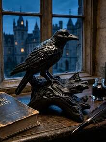 1pc Black Crow Statue Gothic Crow Figurine, Resin Material Black Bird Sculpture With Tree Stump Base, Realistic Carved Feather Details, Dark Aesthetic Witch Theme Home Decor, Suitable For Desk, Mantel, Fireplace Shelf Decoration, Unique Gift, Collectible - 1 Wooden Stake Crow - View 3
