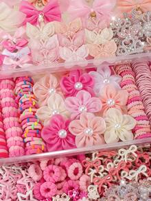 875PCS Spring Pink Cute Girl Hair Accessories Set, Double Layer Butterfly Hair Clips, Pendant Mesh Bow Hair Clips, Pearl Flower Hair Clips, Ribbon Bow Side Clips, Hollow Rhinestone Bangs Clips, Star Snap Clips, Mini Claw Clips, High Elasticity Bamboo Joint Ruffle Edge Solid Color Towel Ring & TPU Hair Ties, Daily & Party Headwear - Multicolor - View 8