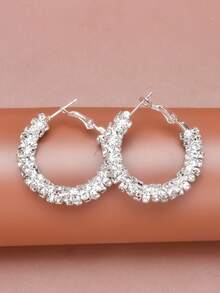 Rhinestone Decor Hoop Örhängen - Silver - Visa 8