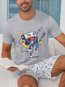 Conjunto de pijama masculino com top de manga curta com estampado de monstro de desenho animado da TV Rock & calções com estampado de salpicos de cor - Cinza claro - Ver 3
