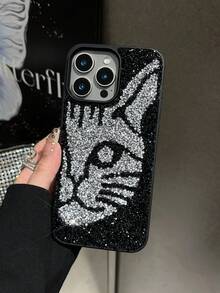 1 pieza Funda de teléfono 2 en 1 con cabeza de gato plateada, tacto de piel, con strass, a prueba de golpes, compatible con 15promax/17promax - Plateado - Ver 3