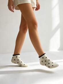 5 pares de calcetines lindos. Calcetines cortos con borde de volantes y estampado floral para la temporada de regreso a la escuela. - Multicolor - Ver 4