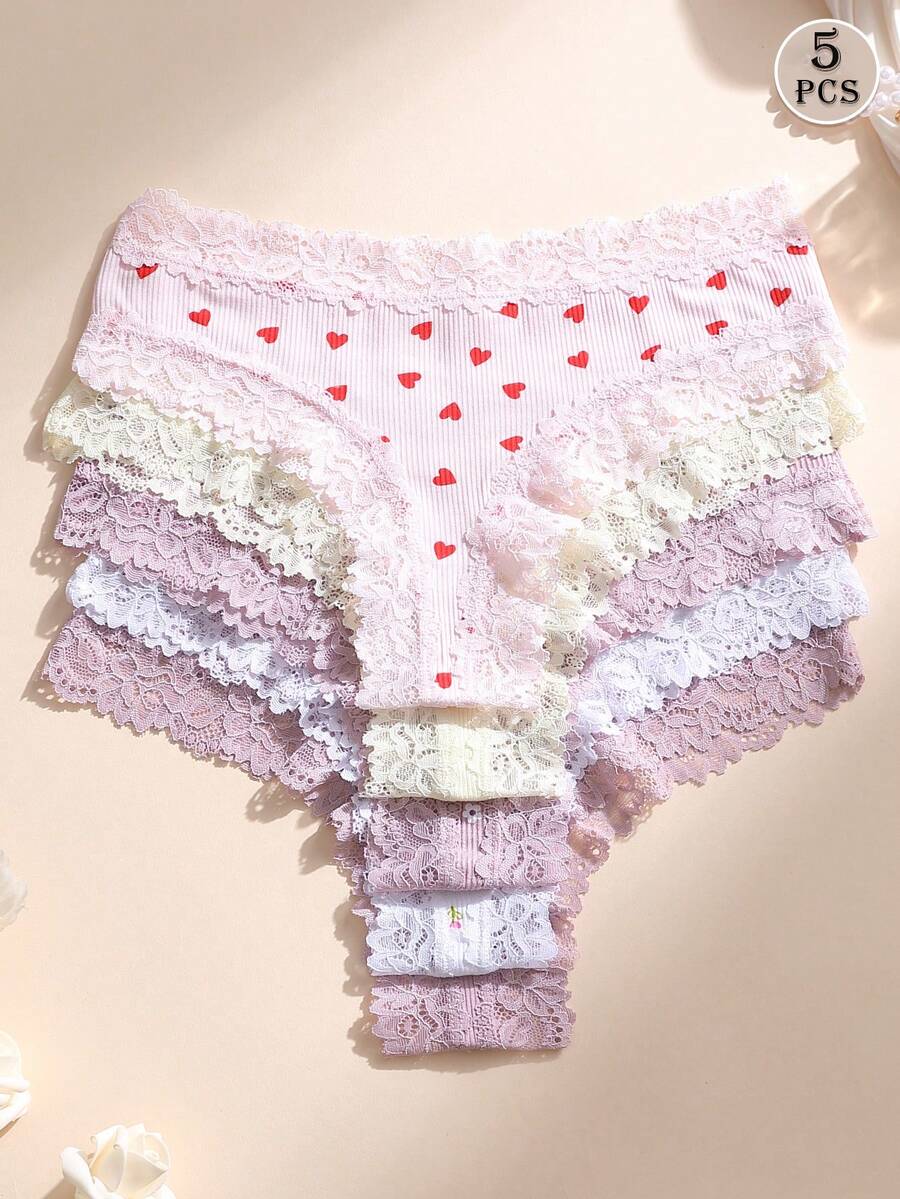 5件組性感女款蕾絲拼接低腰無縫羅紋丁字褲，柔軟舒適透氣，適合瑜伽、運動與日常穿著