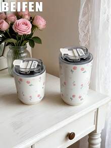 1pc 380ml Watercolor Heart Rose Pattern Double-Wall Stainless Steel Insulated Hot & Cold Cup, , Water Bottle, Tumbler, Coffee Cup, Portable Cup, Suitable For Gym, Office, Home, Outdoor, Travel, Holiday Gift, Graduation Season, Back To School Season, Mother's Day And Other Occasions - Multicolor - View 7