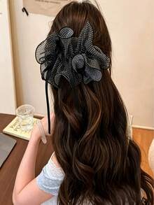 1件波點網紗蝴蝶結香蕉夾 大號荷葉邊髮夾附緞面緞帶 優雅法式女款盤髮髮爪夾 - 彩色 - 查看 3