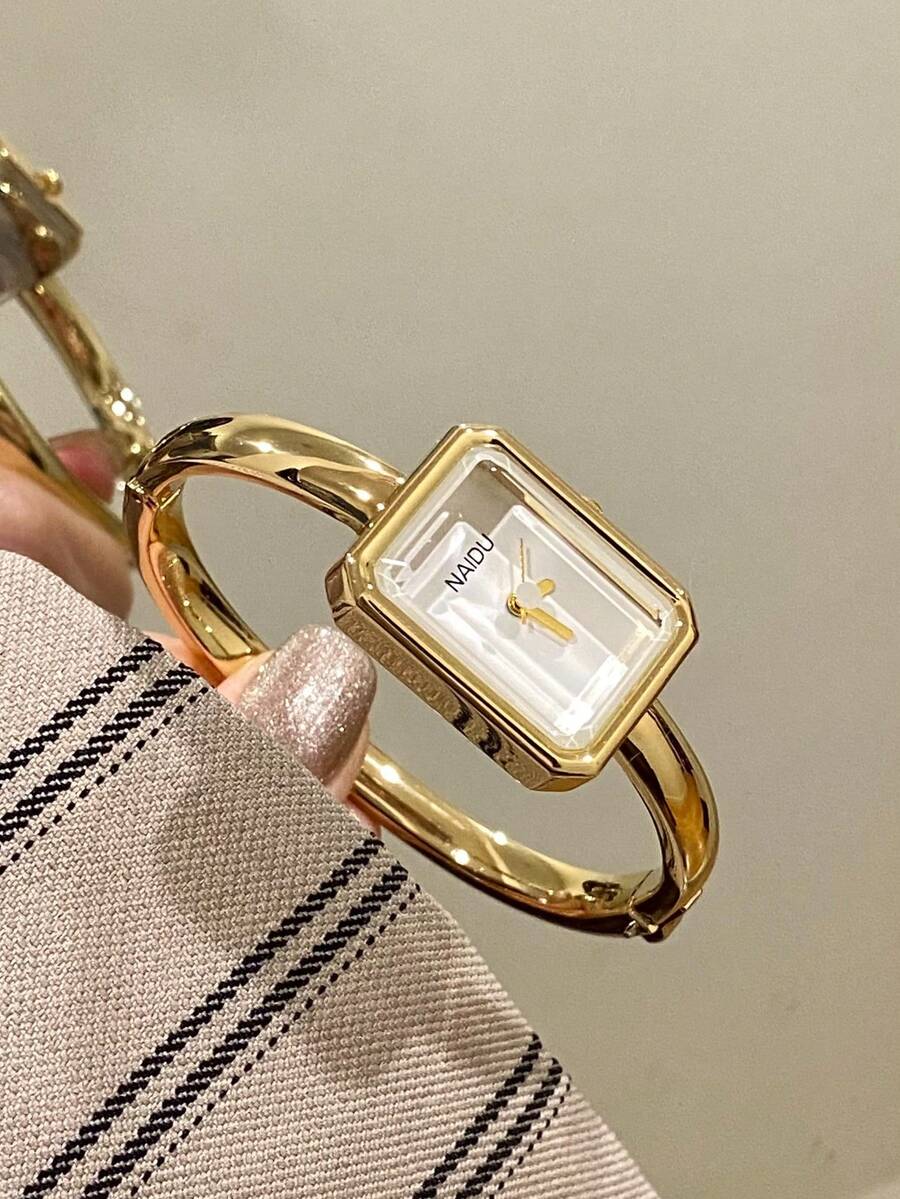 1件女款方形金色手鐲石英手錶，極簡時尚優雅，適合日常配戴，節日禮物的最佳選擇 - 金色 - 查看 1