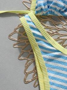 Vacation Textured Striped Halter Bikini Set Contrast Binding Pearl Accent Two Pieces Bathing Suit - Multicolor - View 7