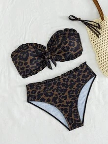 Women's Leopard Print Bandeau Lace Bikini 2 Pieces Set With High Waist Swim Bottoms, Suitable For Summer Island Vacation Beach - Multicolor - View 4