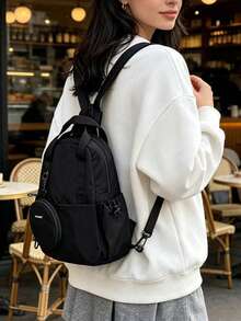 Women's Minimalist Solid Color Nylon Backpack With Strap, Lightweight Waterproof Business Commute Daily Backpack, Multi-Pocket Large Capacity Casual Backpack Suitable For Office Work Travel School - Black - View 6