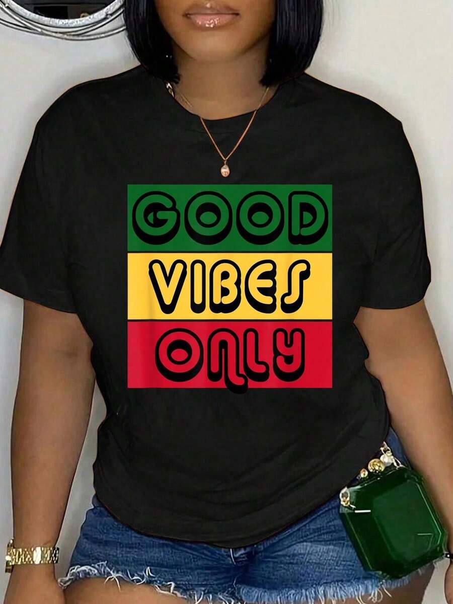 Women's Summer Short Sleeve T-Shirt, Plus Size, Y2K Style, 100% Cotton, Reggae, Good Vibes Only Jamaica One Love Rast A, For Women And Men, Loose Fit, Comfortable And Soft - 黑色 10 - 查看 1