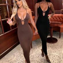 Vestido largo sexi con escote en V profundo y vendaje cruzado para mujer, vestido ajustado sin mangas con espalda descubierta, Vestidos elegantes para fiesta y discoteca - Negro - Ver 2