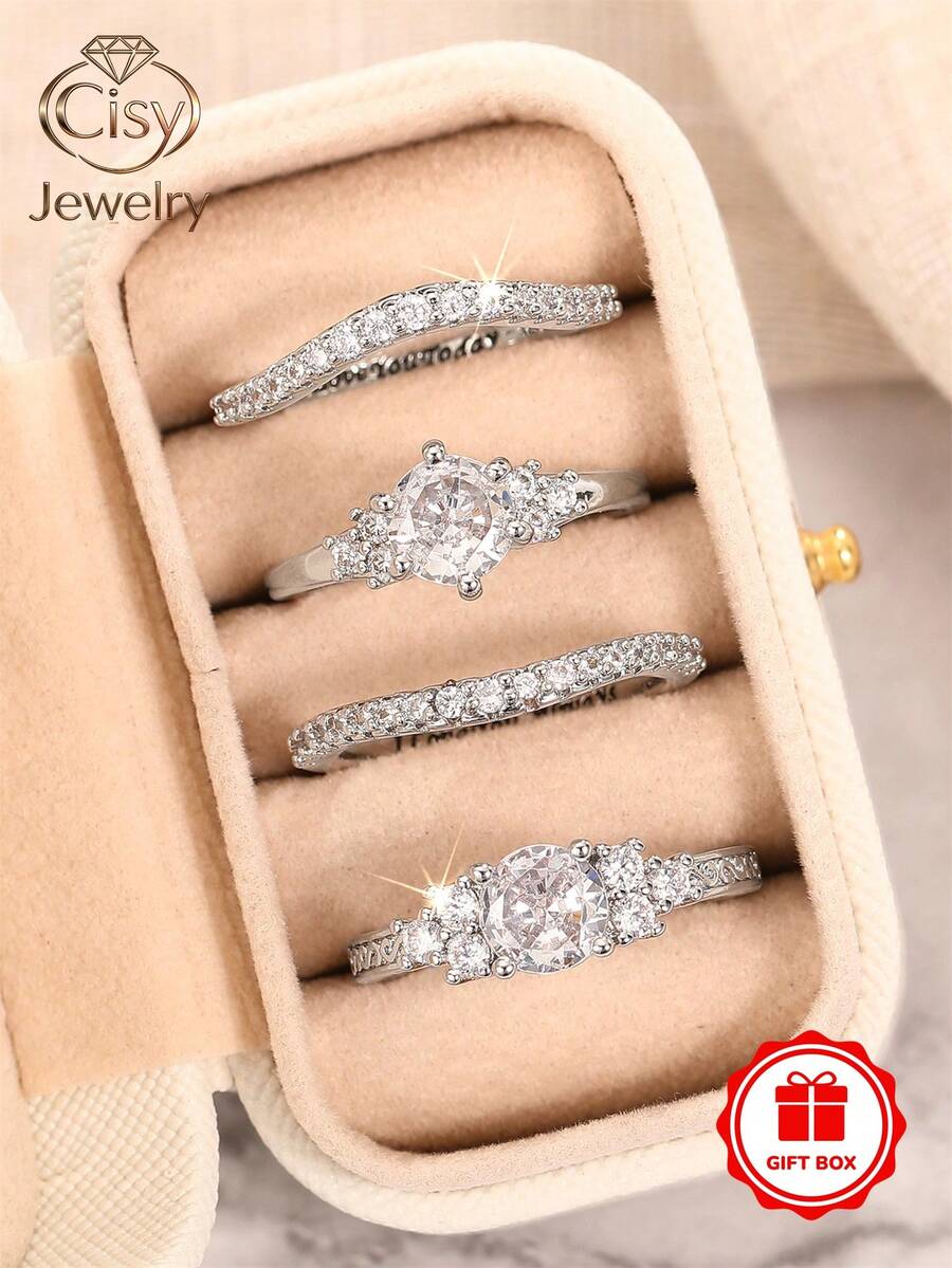 4pcs Cubic Zirconia Stone Ring Set With Gift Box, Suitable For Women, Applicable For Wedding, Engagement, Anniversary Party, Jewelry Valentine's Day Gift - 1# - View 1