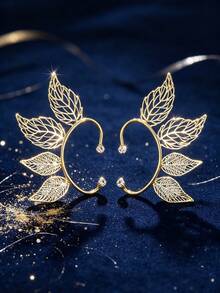1 Pair Fashion Gold Leaf Earrings, Elegant Fairy Wing Ear Clips, Y2K Accessories, Women's Daily Wear Fashion Jewelry Gift - Yellow Gold - View 12