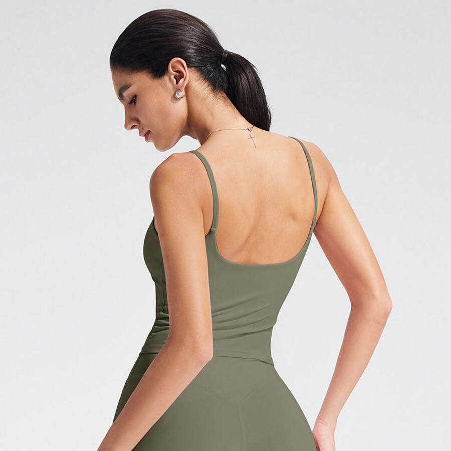Women's European And American Cross-Border Yoga Vest, With A Nude Feel, Brushed Fabric, Beautiful Back Design, Sports Top With Chest Pads, Clothing - 橄欖綠 - 查看 1