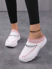 Zapatos deportivos casuales para mujer, sandalias planas de moda sin cordones - Rosa - Ver 1