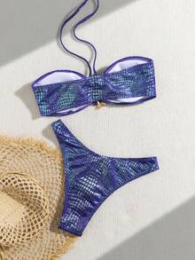 wohenmeili New Stylish Shiny Fabric Two Pieces Bikini Decorated With Cute Star Ornaments, Unique Swimwear For Beach Parties Vacation - Dark Purple - View 5