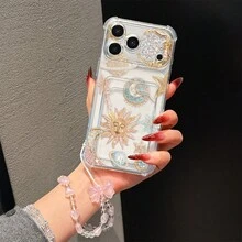 New 2pcs Set: Sun & Planet Pattern Card Holder Transparent Shockproof Phone Case + Mermaid Bracelet Minimalist Protective Anti-Shock Durable Full Coverage Compatible With Apple Phone Case - Clear - View 3