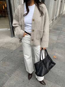 Women's Niche Design Versatile Solid Color Knit Cardigan Jacket With Pockets, Casual Loose Single-Breasted Lazy Style - Khaki - View 7