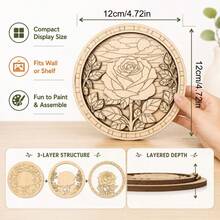2D Flat, 3-Layer Wooden Rose Art Set, Paintable Floral Wooden Craft Kit, Laser-Cut Multi-Layer Rose Painting Set, Creative Handmade Wall Decor, Suitable For Bookshelf, Desk, Home Decor And Gift Giving - A - View 4
