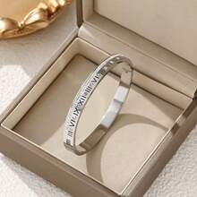 1pc Single Row Full Rhinestone 6mm Roman Letter Bracelet, Stainless Steel Vacuum Plated, Luxury Versatile Open Cuff - Multicolor - View 10
