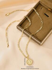 1PC Religious Vintage Style St. Benedict Necklace, Made Of 14k Gold Plated Copper, Paired With 50cm Figaro Chain, Priest Image St. Benedict Pendant, Exquisite Craftsmanship And Outstanding Texture, Suitable For Men And Women, Perfect For Daily Wear, Church Services, And Holiday Gifts. - Yellow Gold - View 5