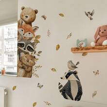 2pcs/1set Whimsical Forest Animal Wall Decals, Bear Fox Raccoon & Leaves Pattern, Removable Stickers, Cute Forest Art Decor For Home Interior And Living Space - Cartoon Animals - View 11
