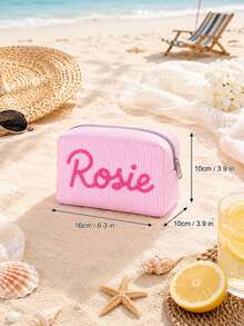 Bolsa de maquillaje de tela arrugada personalizada, bolsa de aseo con nombre de chenilla personalizada, bolsa de almacenamiento de viaje para vacaciones de verano en la playa, regalo de viaje para niñas - Multicolor - Ver 6