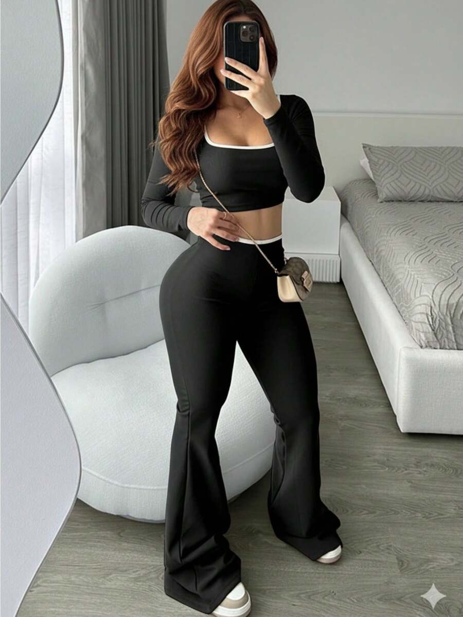 de primavera de top de manga larga de cintura baja elástica y cómoda y pantalones acampanados que estilizan para mujer - Negro - Ver 1