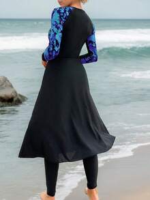 WaveBikini 色塊印花布基尼 3 件套，快乾前開襟拉鍊長袖裙式保守泳衣，適合女性海灘衝浪 - 彩色 - 查看 2