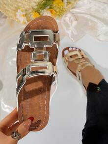 Sandalias tipo chanclas de cuña con suela gruesa y diseño floral, versátiles y casuales para mujer, para vacaciones, hogar, exterior y playa - Dorado - Ver 3