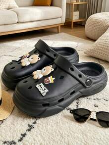 Round Toe Breathable Non-Clumping Versatile Clogs, Comfortable Lightweight Sole, Silent Wear-Resistant Sole, Student Couple Style, Vacation Travel Couple Gift Item - Black - View 4